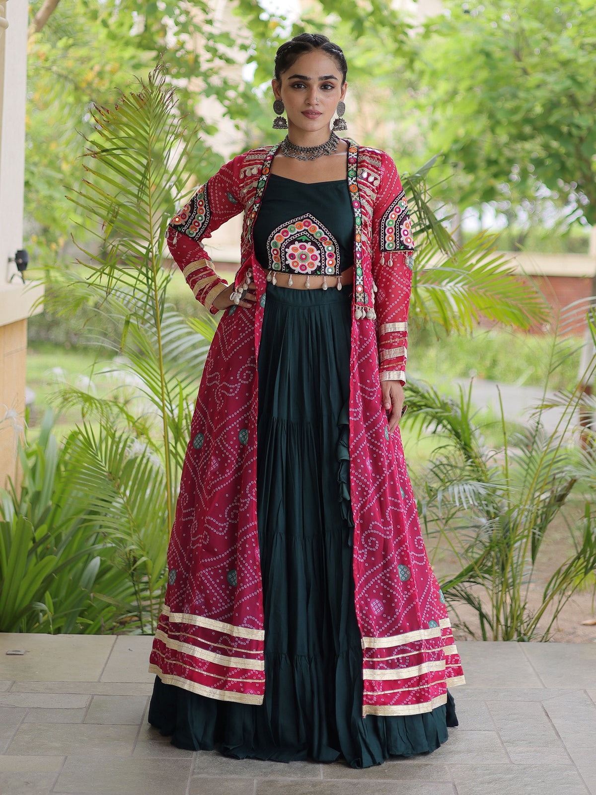 Majestic Pink Bandhni Printed Rayon Navratri Lehenga Choli With Shrug