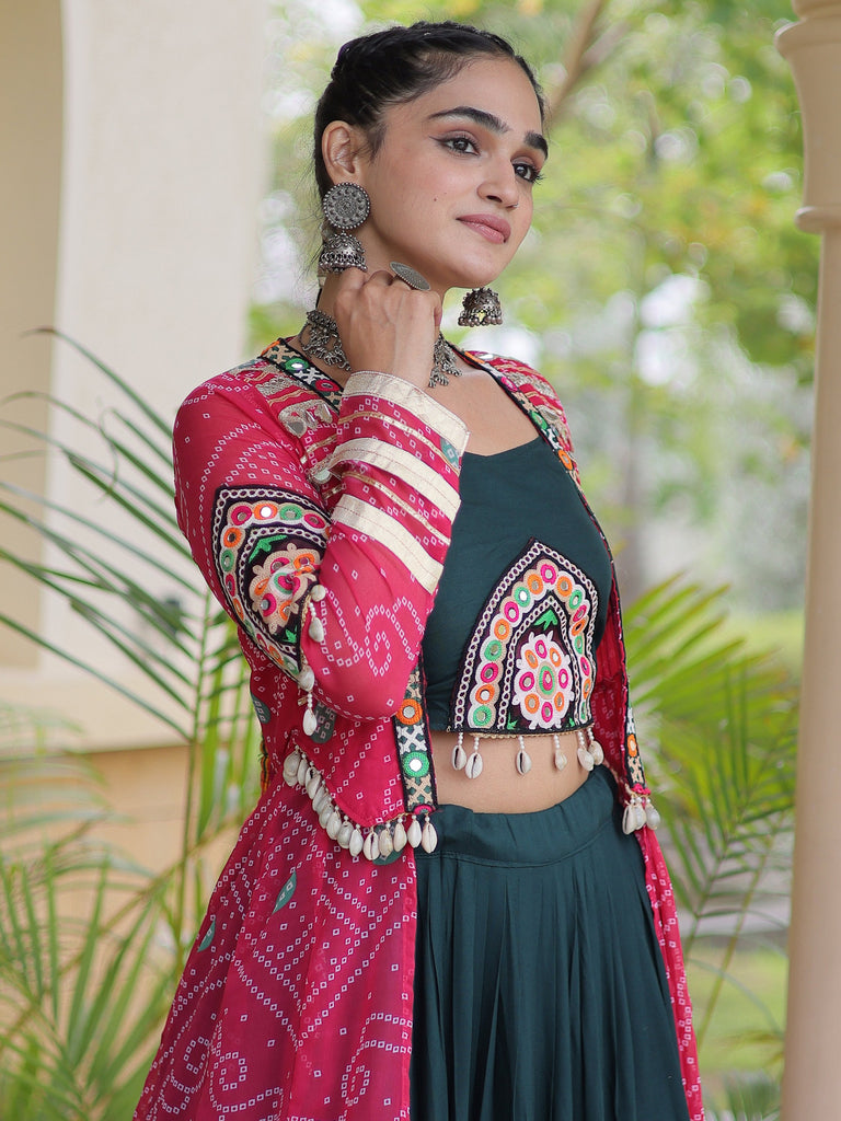 Majestic Pink Bandhni Printed Rayon Navratri Lehenga Choli With Shrug