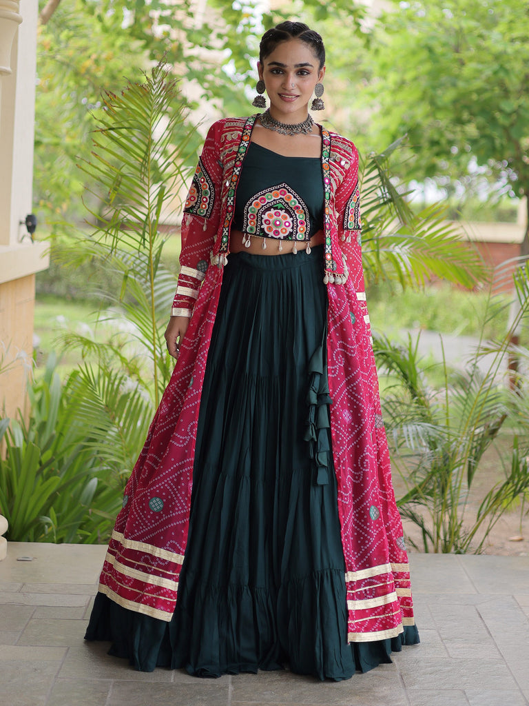 Majestic Pink Bandhni Printed Rayon Navratri Lehenga Choli With Shrug