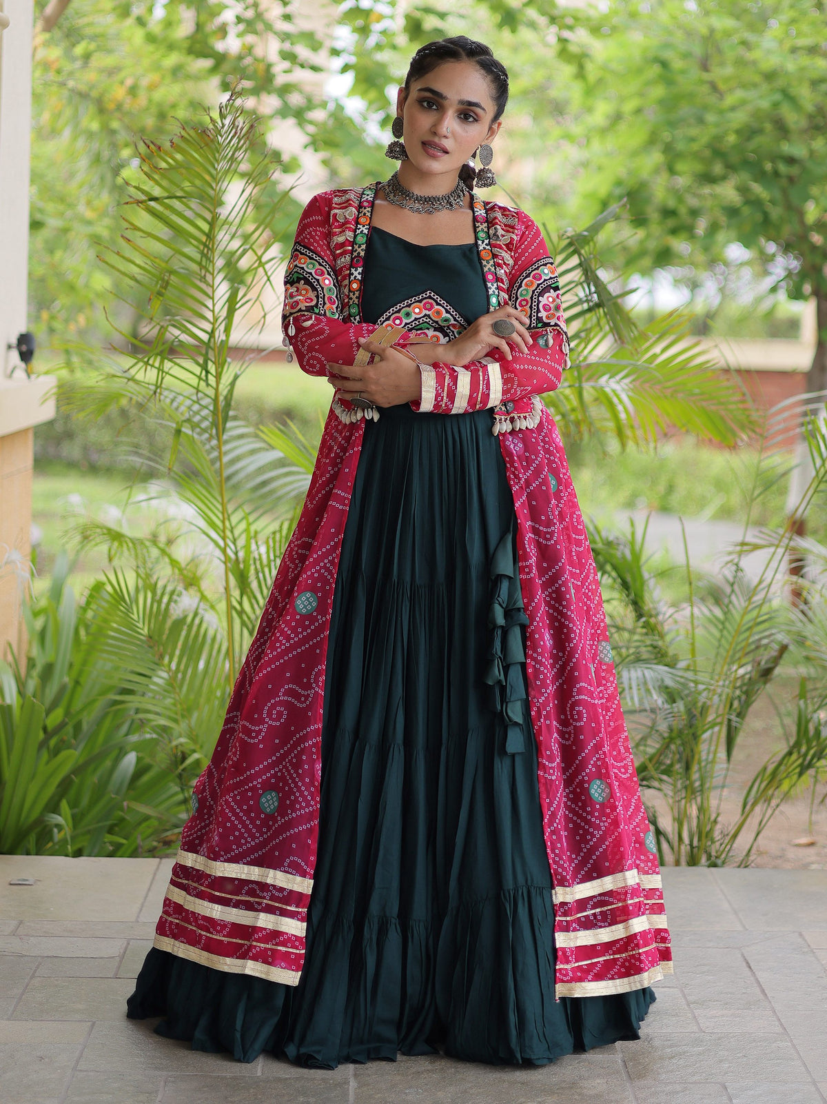 Majestic Pink Bandhni Printed Rayon Navratri Lehenga Choli With Shrug