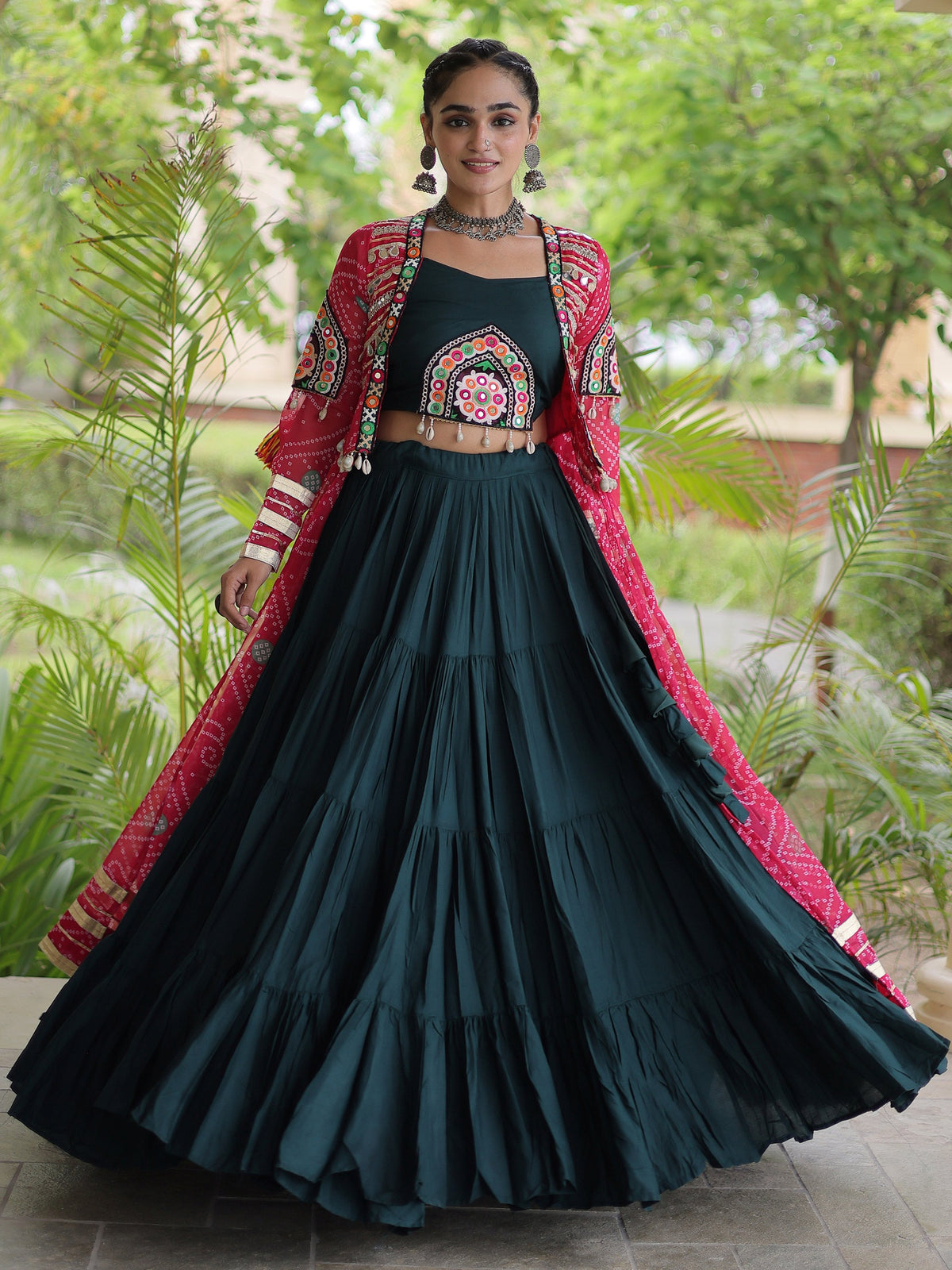 Majestic Pink Bandhni Printed Rayon Navratri Lehenga Choli With Shrug