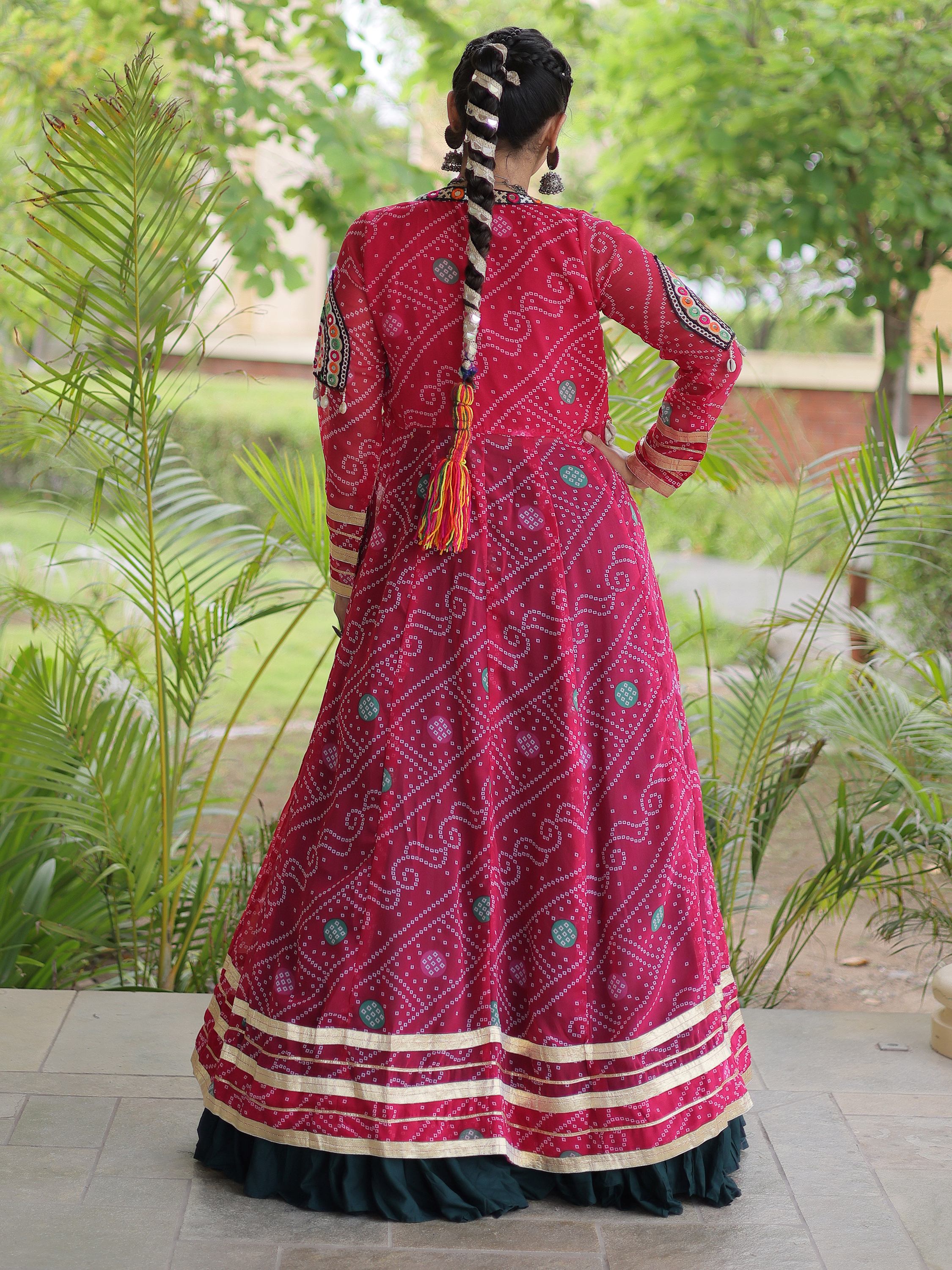 Majestic Pink Bandhni Printed Rayon Navratri Lehenga Choli With Shrug