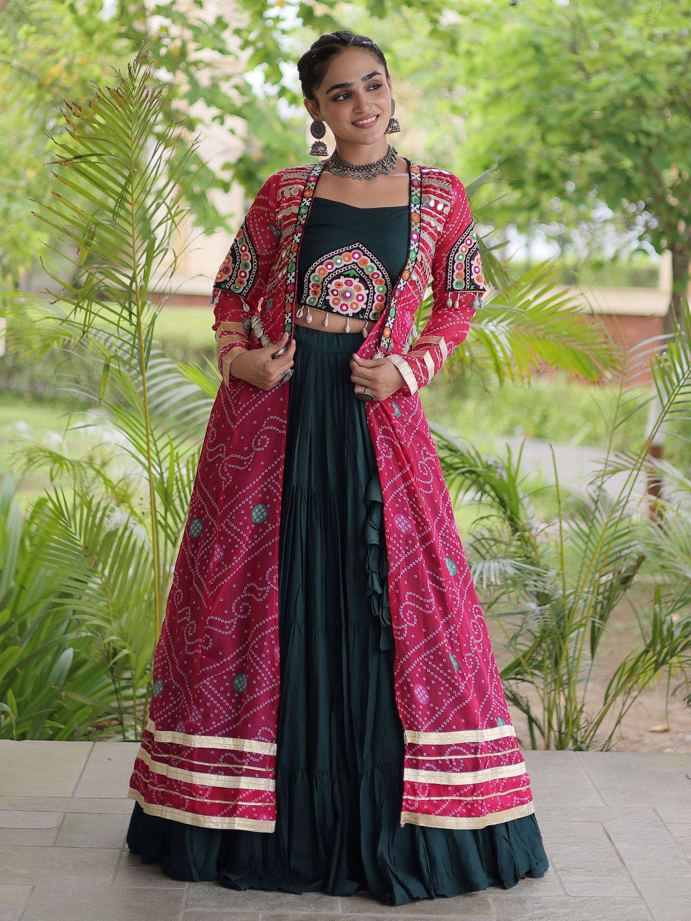 Majestic Pink Bandhni Printed Rayon Navratri Lehenga Choli With Shrug