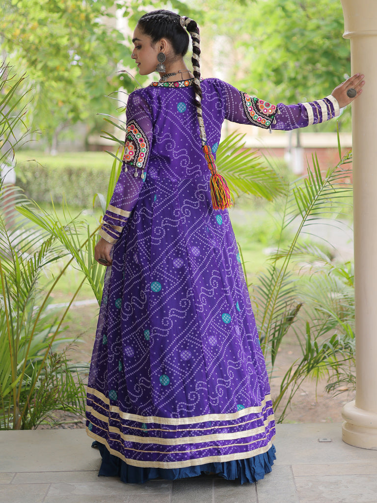 Great Purple Rayon Navratri Wear Lehenga Choli With Bandhani Print Shrug
