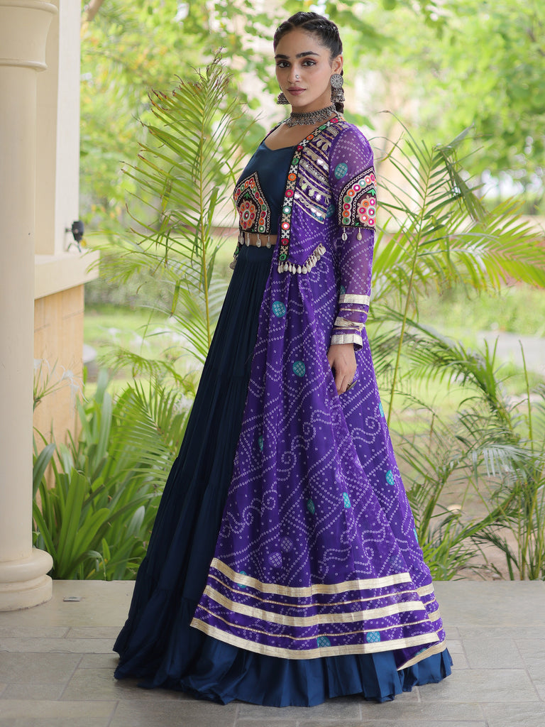 Great Purple Rayon Navratri Wear Lehenga Choli With Bandhani Print Shrug