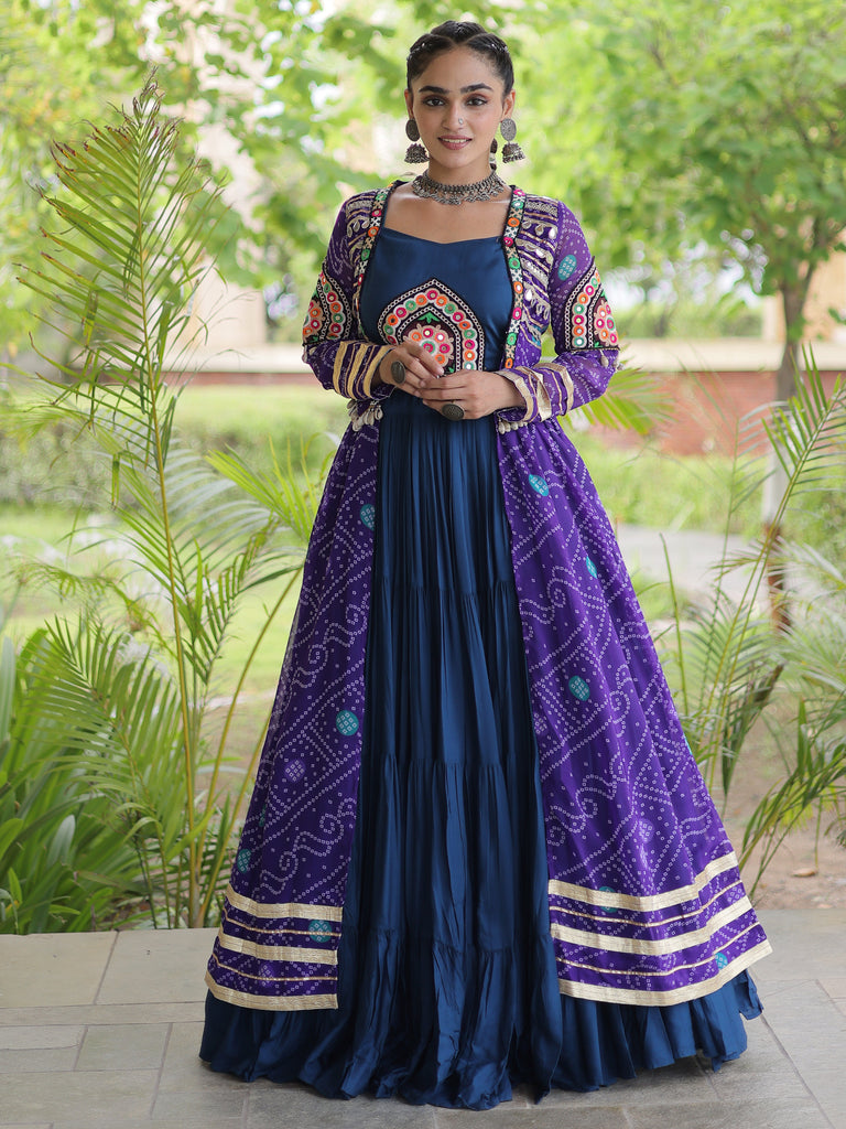 Great Purple Rayon Navratri Wear Lehenga Choli With Bandhani Print Shrug