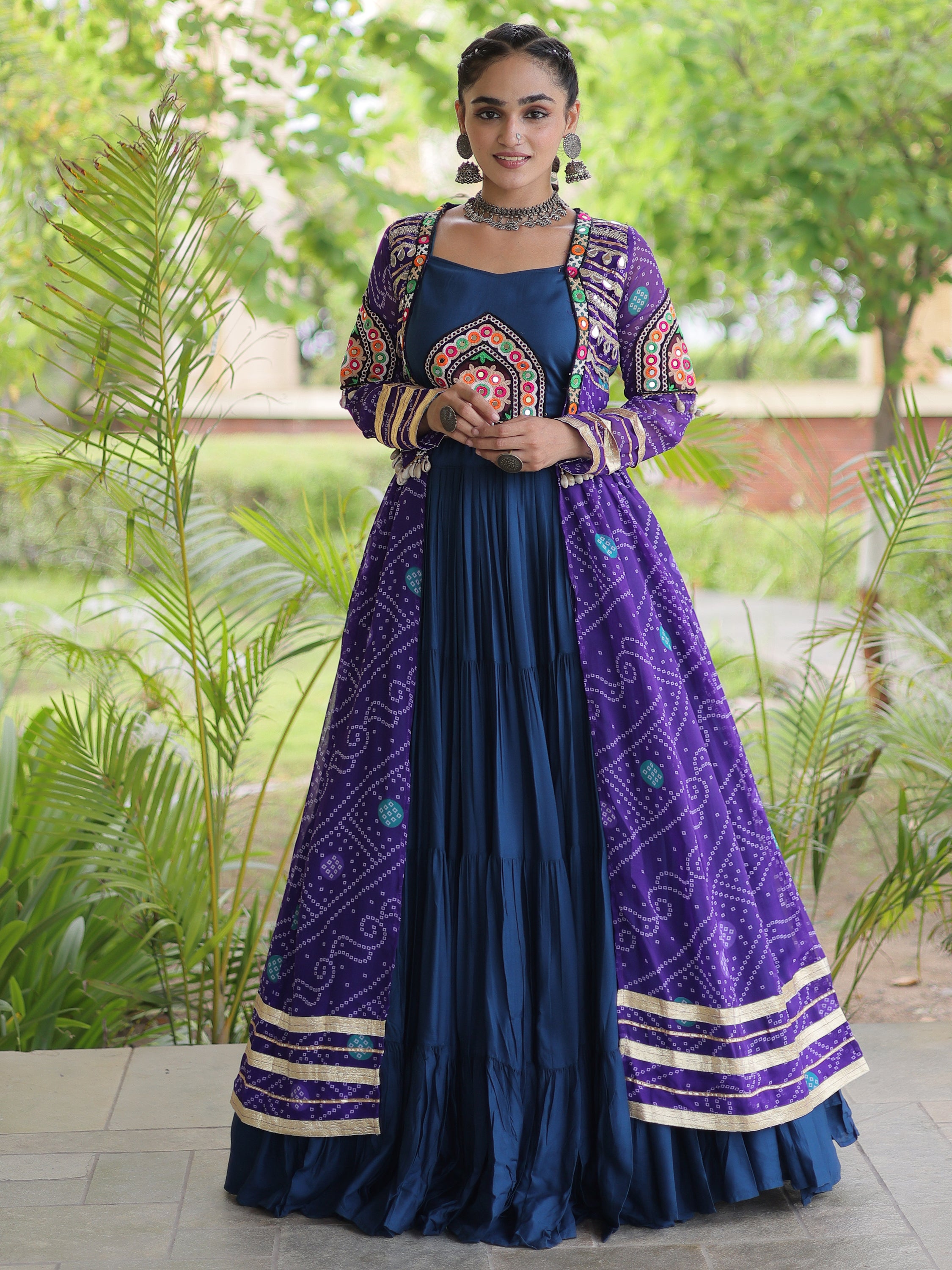 Great Purple Rayon Navratri Wear Lehenga Choli With Bandhani Print Shrug