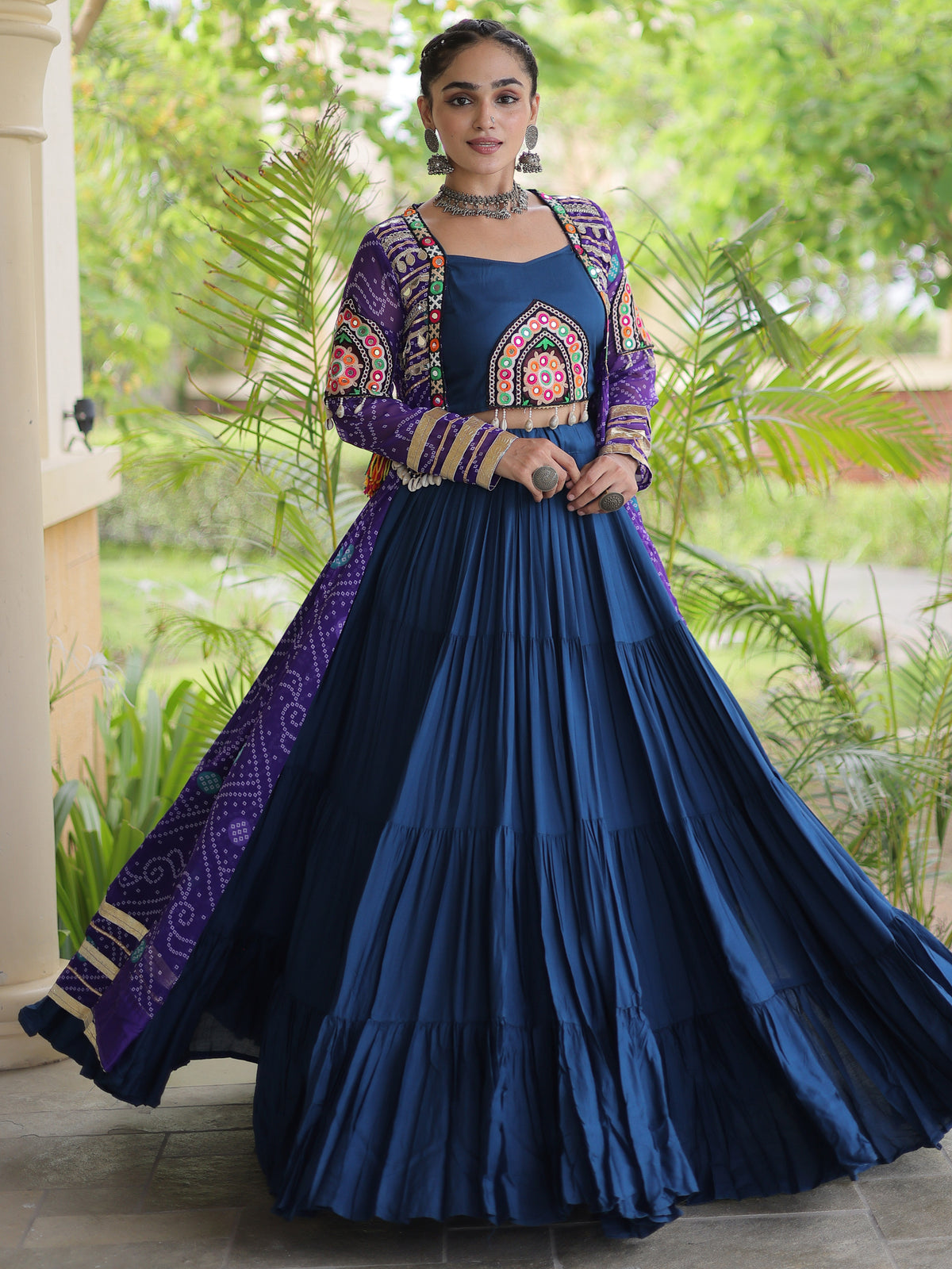 Great Purple Rayon Navratri Wear Lehenga Choli With Bandhani Print Shrug