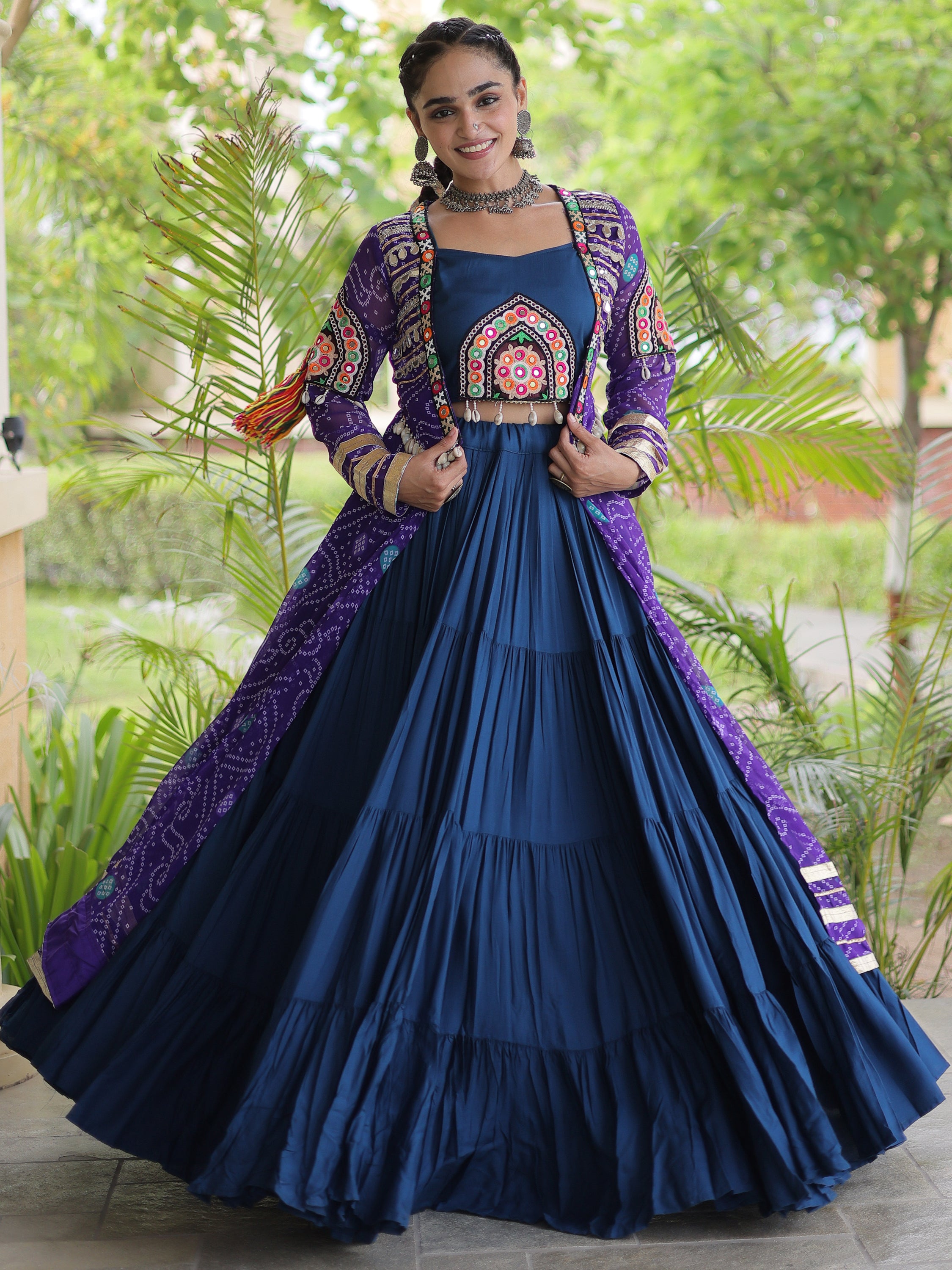Great Purple Rayon Navratri Wear Lehenga Choli With Bandhani Print Shrug