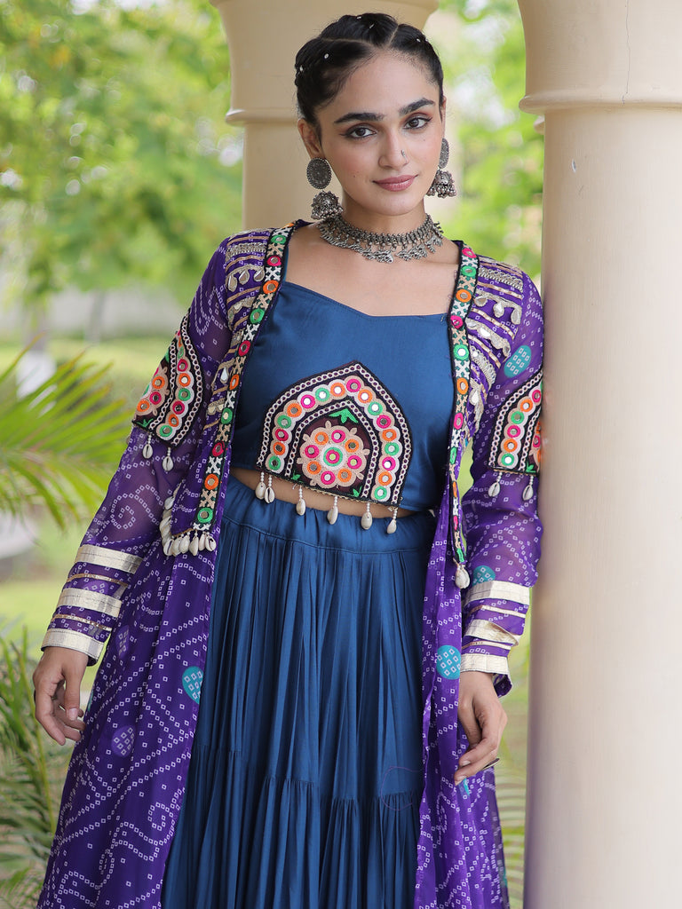 Great Purple Rayon Navratri Wear Lehenga Choli With Bandhani Print Shrug