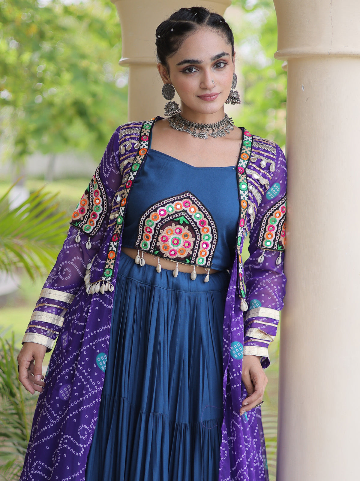 Great Purple Rayon Navratri Wear Lehenga Choli With Bandhani Print Shrug