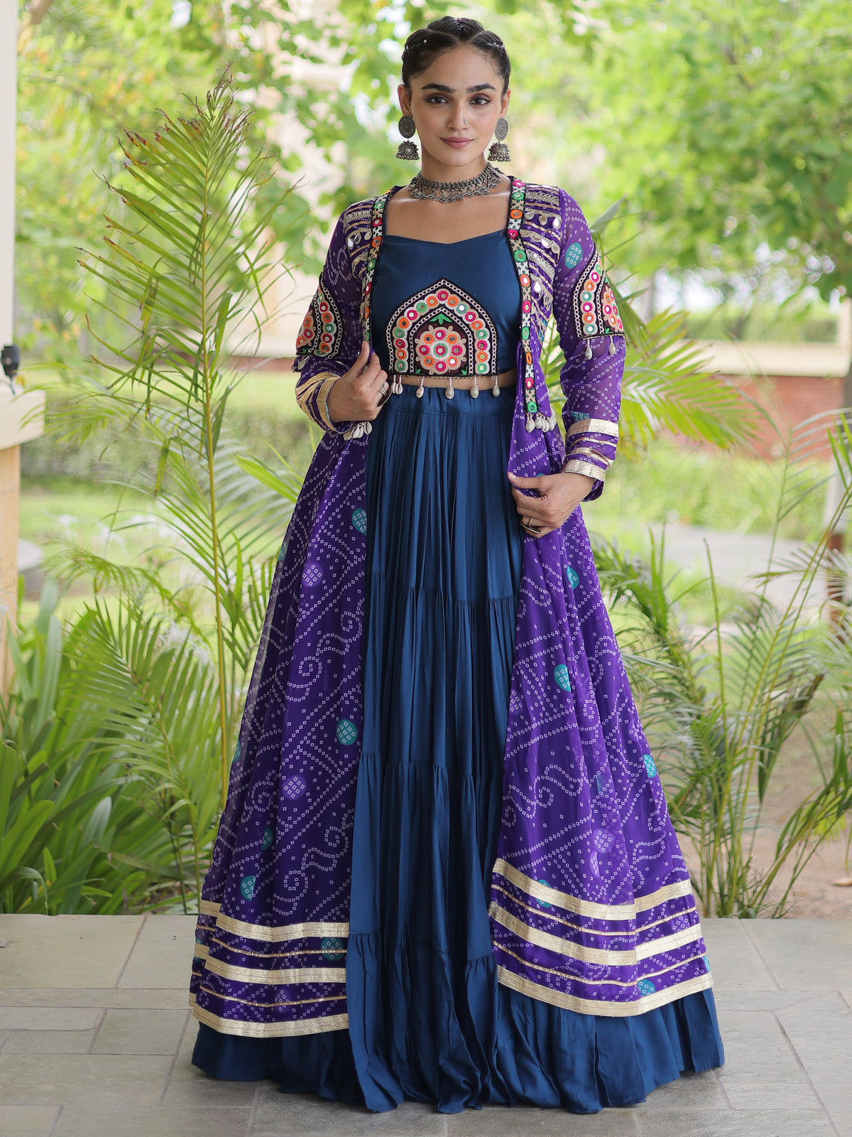 Great Purple Rayon Navratri Wear Lehenga Choli With Bandhani Print Shrug