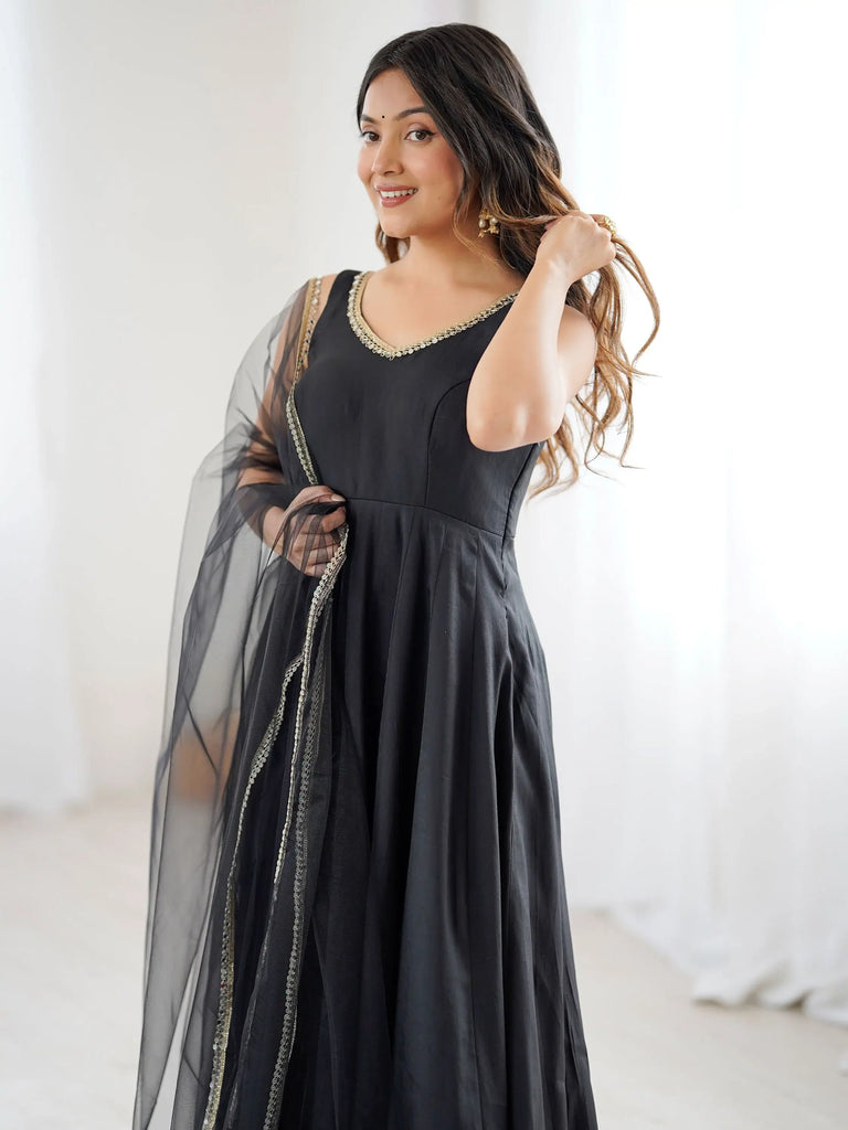 Beautiful Black Lace Work Chanderi Silk Festival Wear Anarkali Suit With Dupatta