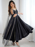 Beautiful Black Lace Work Chanderi Silk Festival Wear Anarkali Suit With Dupatta