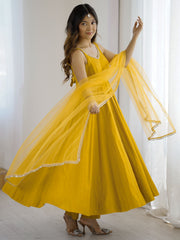 Awesome Yellow Lace Work Chanderi Silk Haldi Wear Anarkali Suit With Dupatta