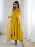 Awesome Yellow Lace Work Chanderi Silk Haldi Wear Anarkali Suit With Dupatta