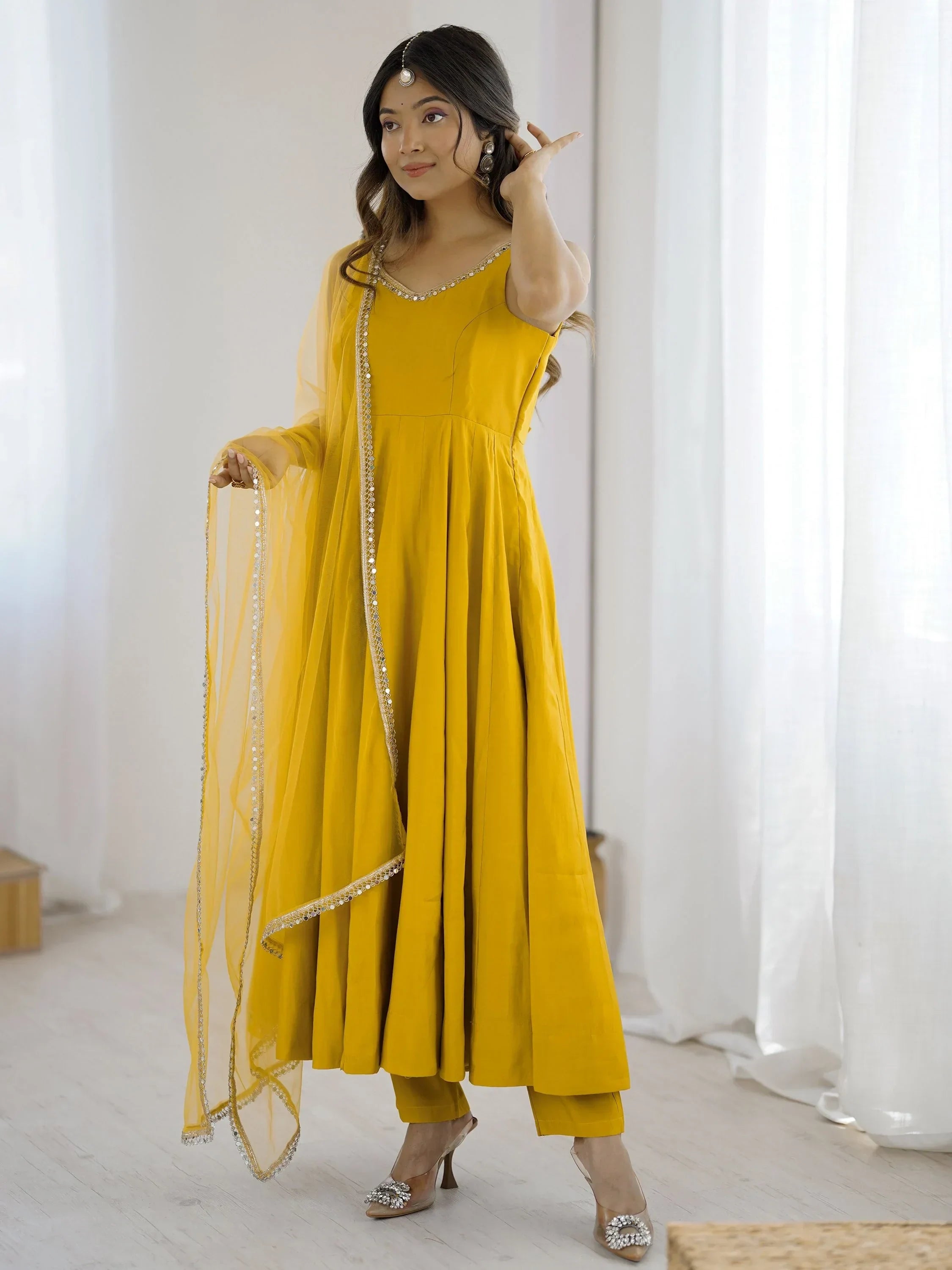 Awesome Yellow Lace Work Chanderi Silk Haldi Wear Anarkali Suit With Dupatta