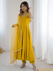 Awesome Yellow Lace Work Chanderi Silk Haldi Wear Anarkali Suit With Dupatta