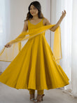 Awesome Yellow Lace Work Chanderi Silk Haldi Wear Anarkali Suit With Dupatta