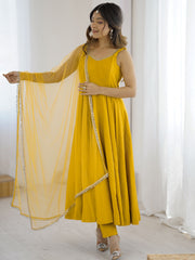 Awesome Yellow Lace Work Chanderi Silk Haldi Wear Anarkali Suit With Dupatta