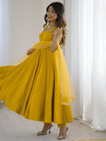 Awesome Yellow Lace Work Chanderi Silk Haldi Wear Anarkali Suit With Dupatta
