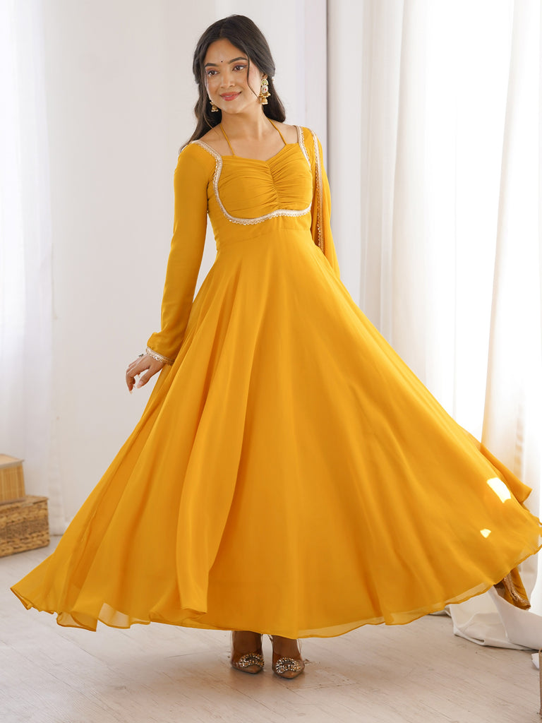 Precious Yellow Lace Work Georgette Haldi Wear Gown With Dupatta