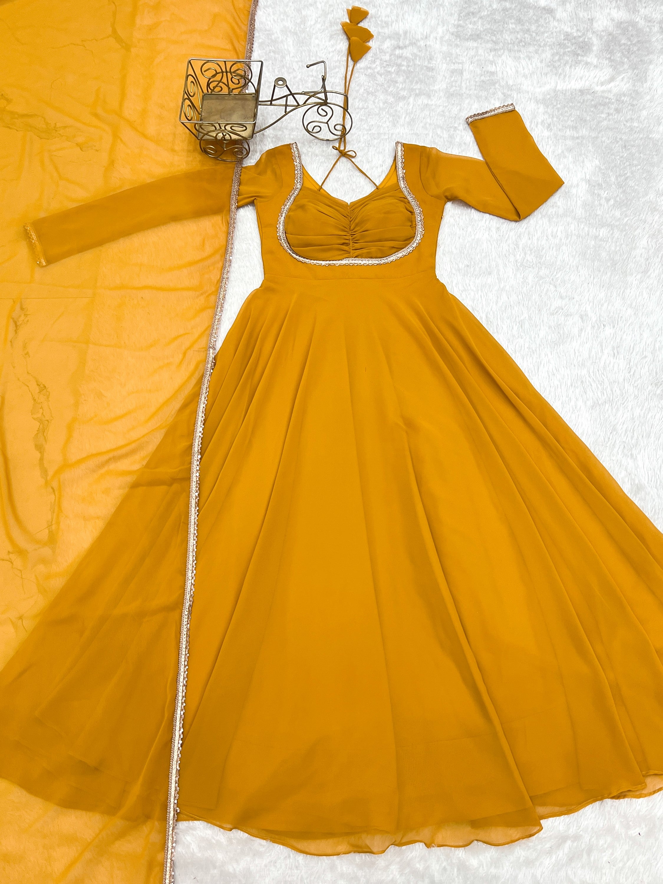Precious Yellow Lace Work Georgette Haldi Wear Gown With Dupatta