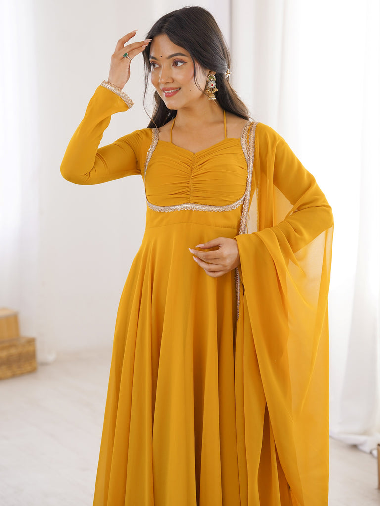 Precious Yellow Lace Work Georgette Haldi Wear Gown With Dupatta