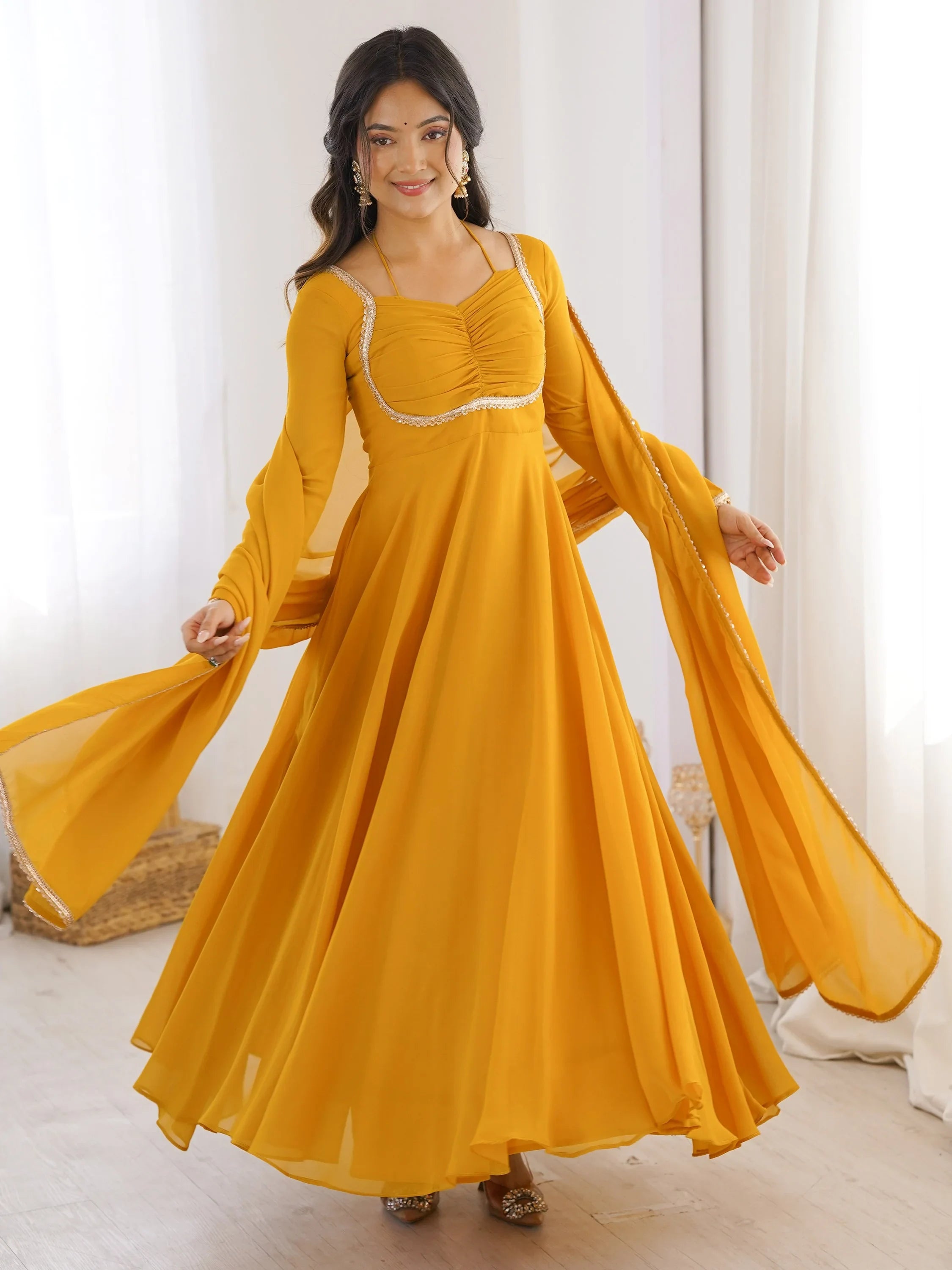 Precious Yellow Lace Work Georgette Haldi Wear Gown With Dupatta