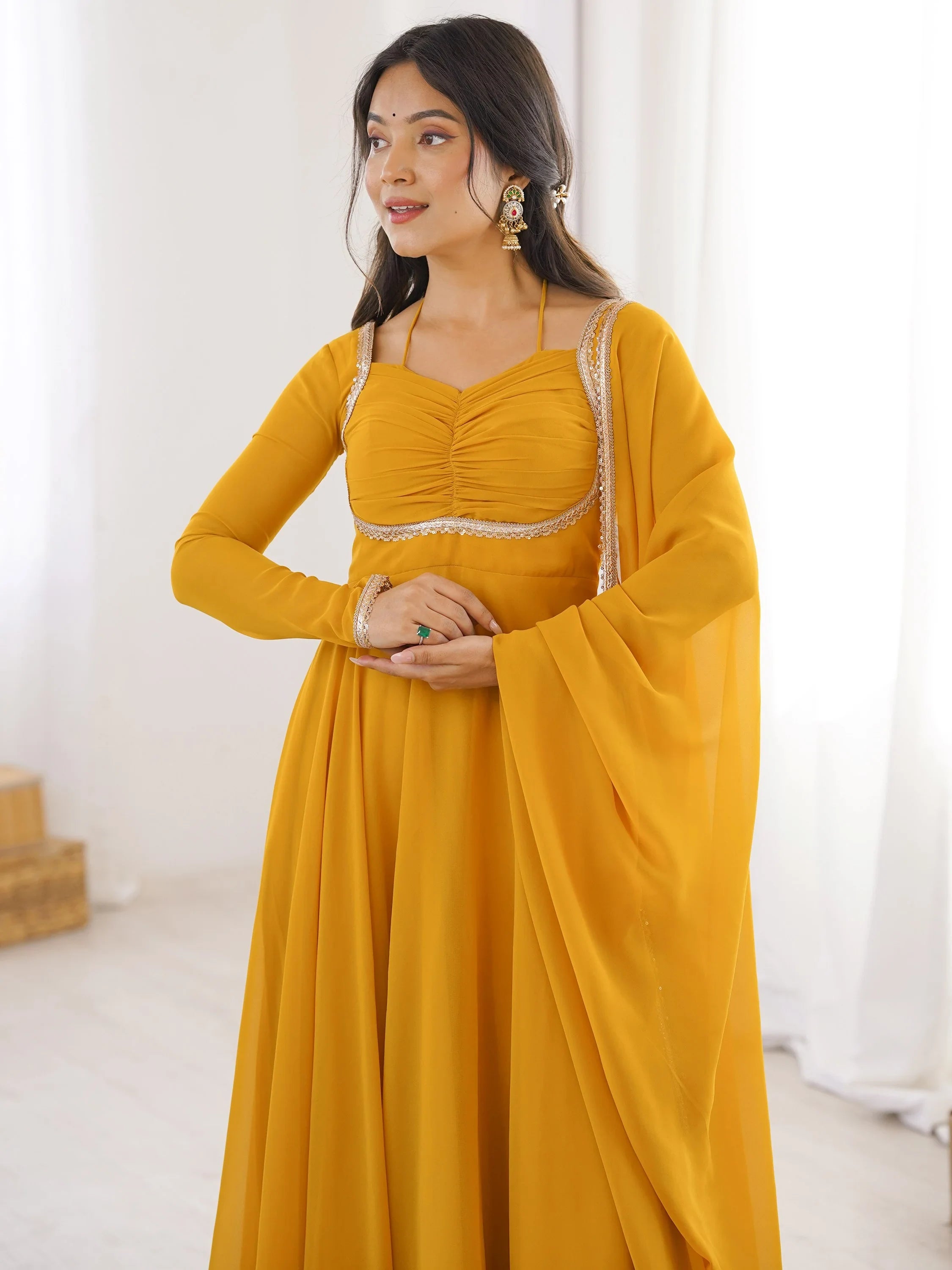 Precious Yellow Lace Work Georgette Haldi Wear Gown With Dupatta
