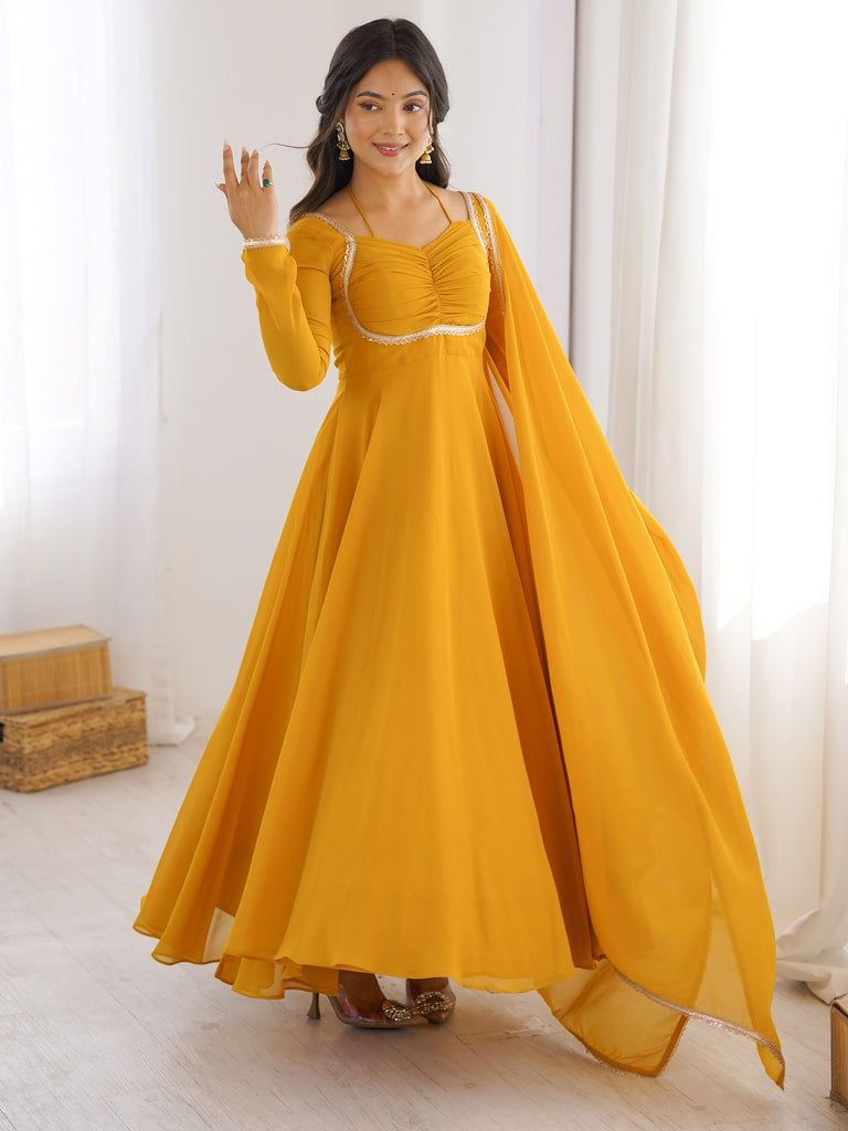Precious Yellow Lace Work Georgette Haldi Wear Gown With Dupatta