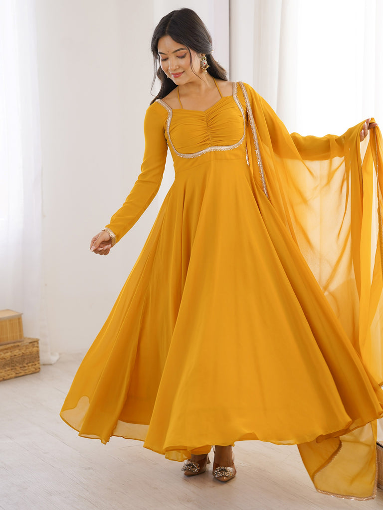 Precious Yellow Lace Work Georgette Haldi Wear Gown With Dupatta