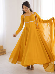 Precious Yellow Lace Work Georgette Haldi Wear Gown With Dupatta