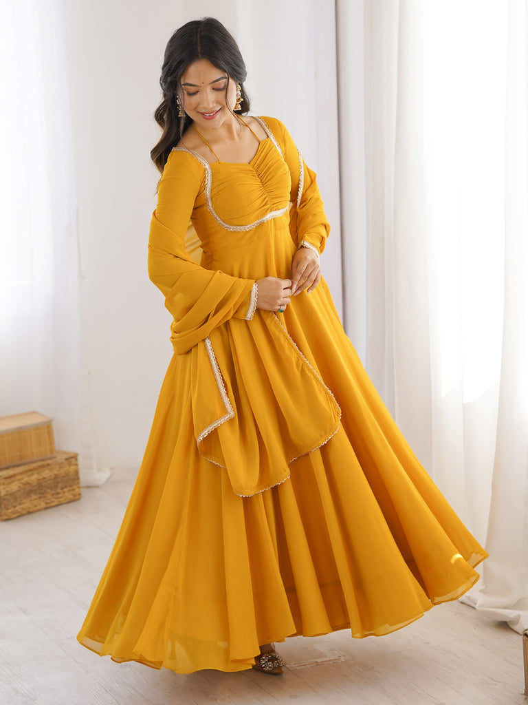 Precious Yellow Lace Work Georgette Haldi Wear Gown With Dupatta