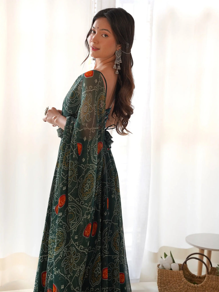 Stunning Green Bandhani Printed Chiffon Mehendi Wear Gown