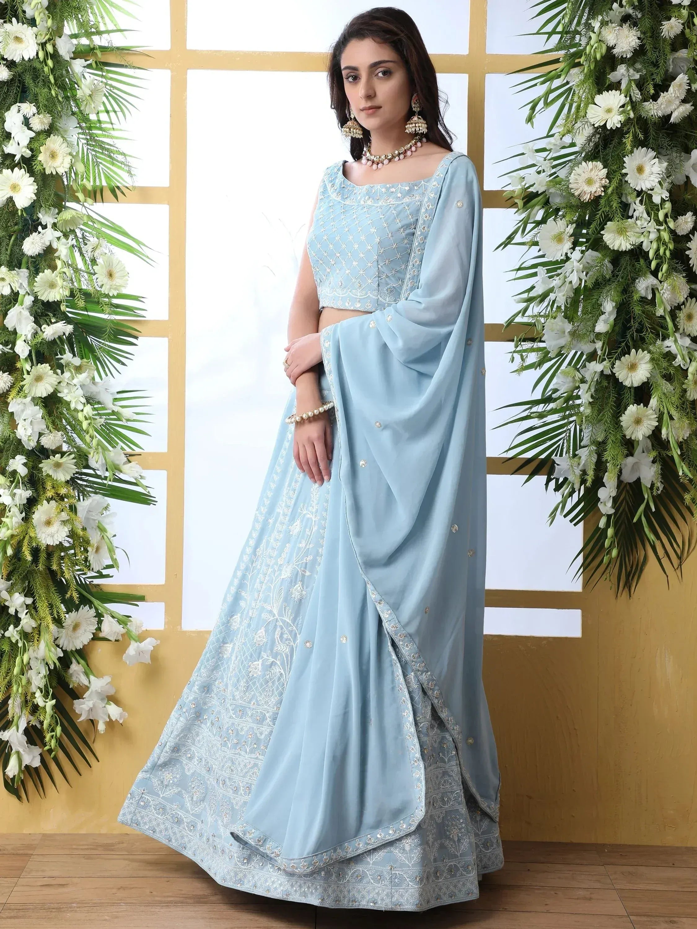 Light blue embroidered lehenga choli with dupatta, Indian ethnic wear for women