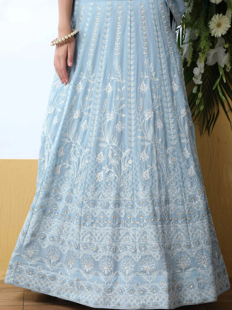 Glamorous Sky Blue Thread Work Georgette Bridesmaid Lehenga Choli