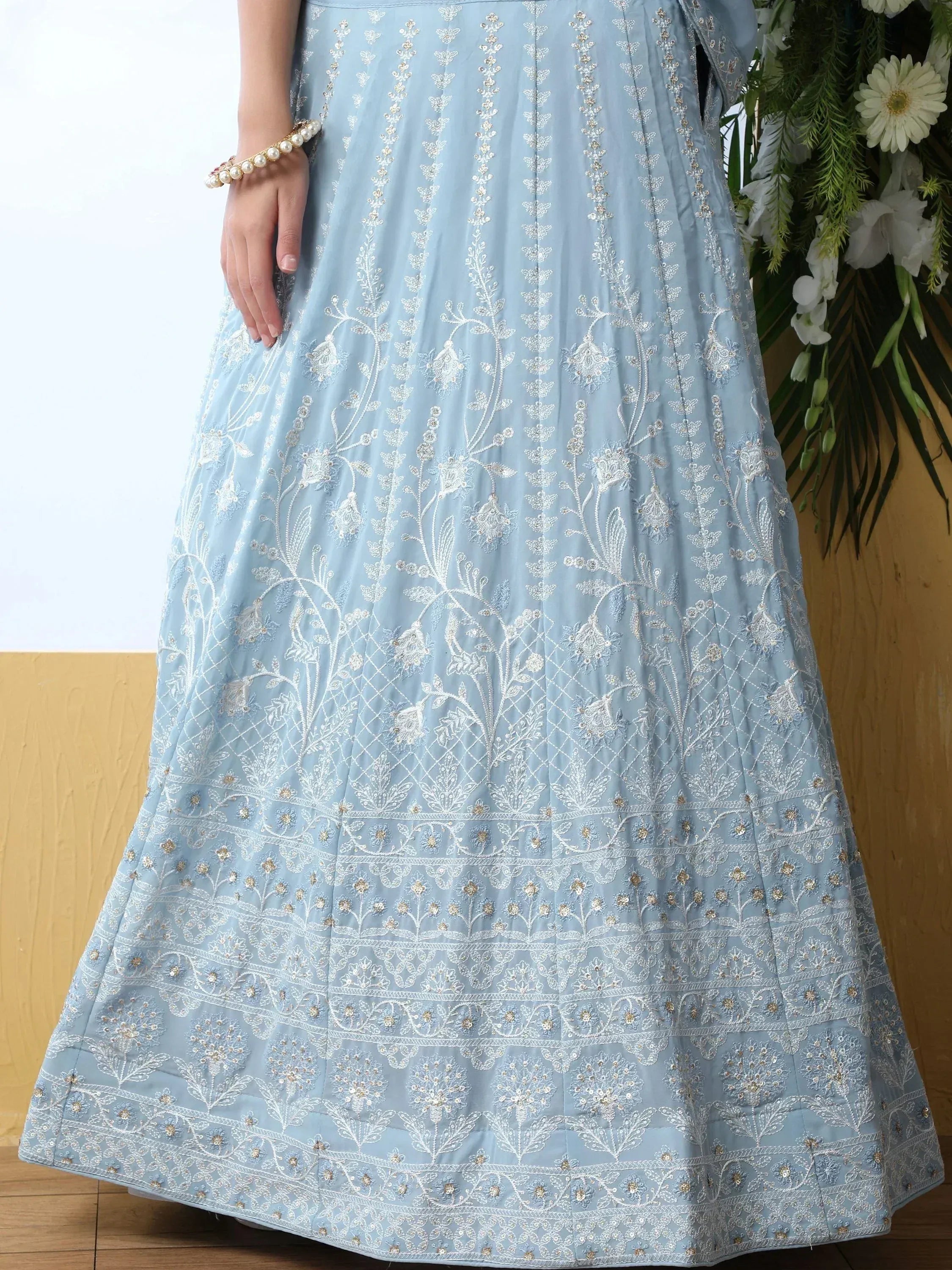 Light blue embroidered lehenga with floral zari work, perfect for Indian ethnic occasions