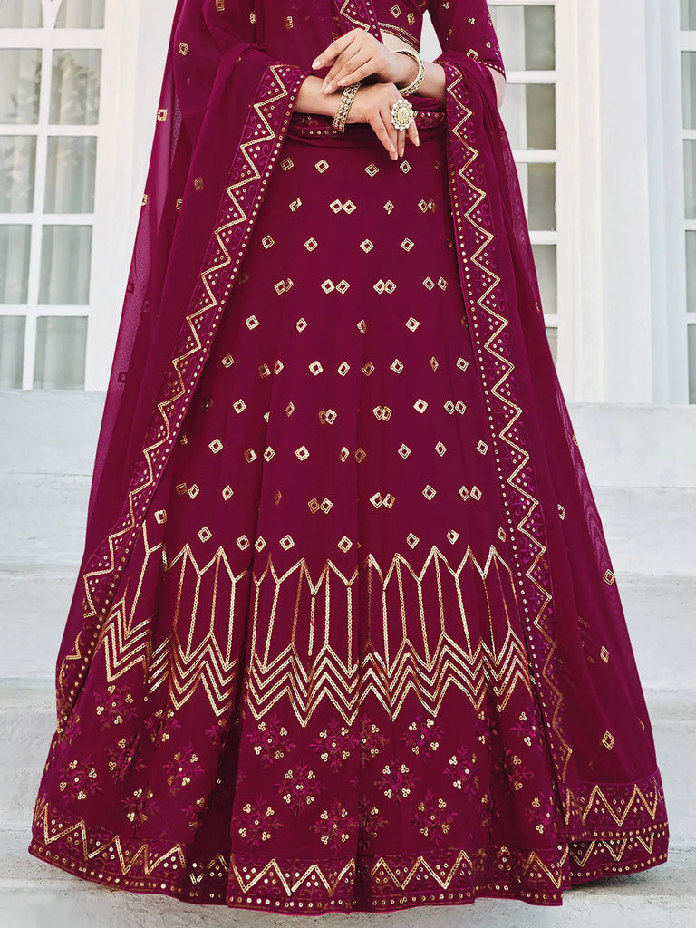 Attractive Dark Pink Sequined Georgette Party Wear Lehenga Choli