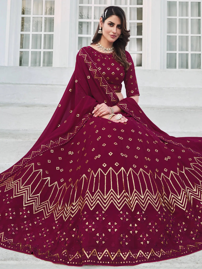 Attractive Dark Pink Sequined Georgette Party Wear Lehenga Choli