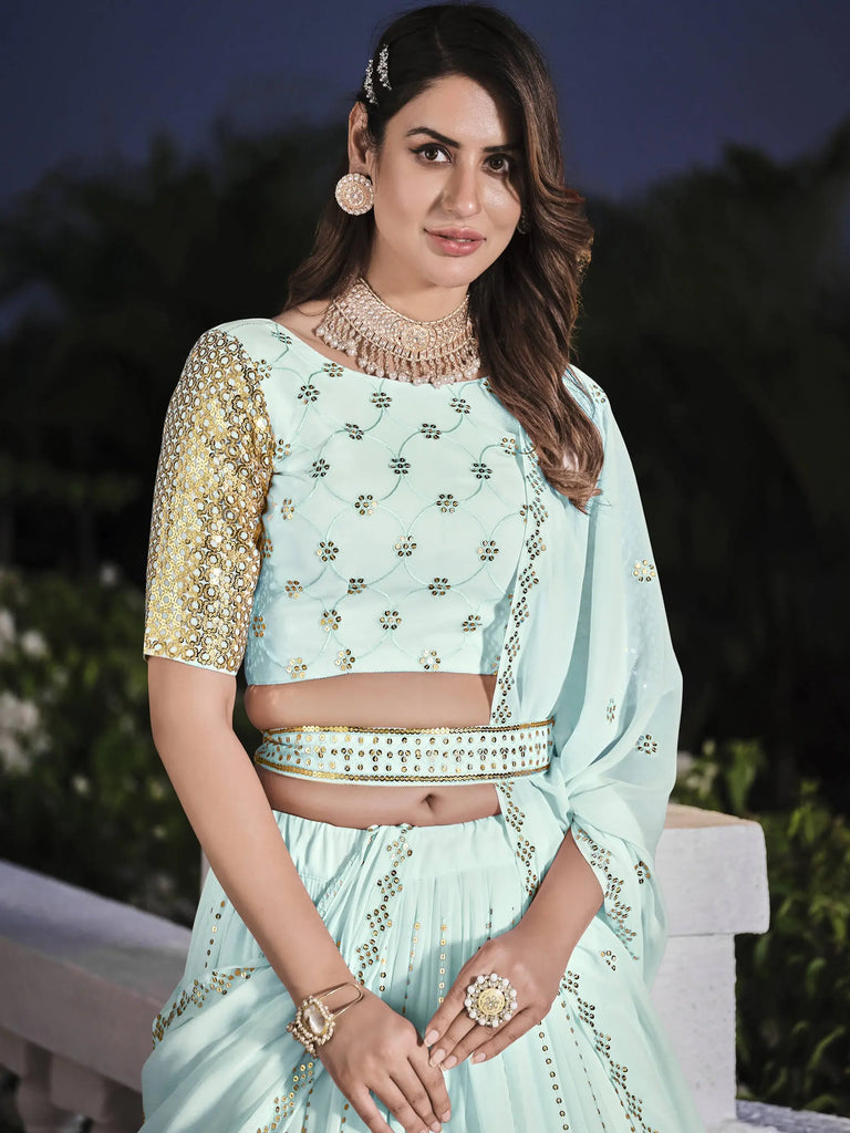 Pleasent Sky Blue Sequined Georgette Party Wear Lehenga Choli