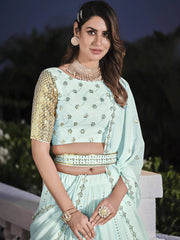 Pleasent Sky Blue Sequined Georgette Party Wear Lehenga Choli