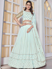 Pleasent Sky Blue Sequined Georgette Party Wear Lehenga Choli