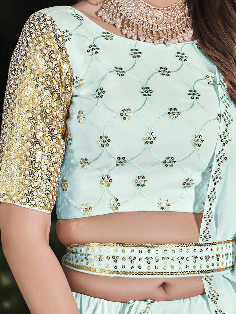 Pleasent Sky Blue Sequined Georgette Party Wear Lehenga Choli