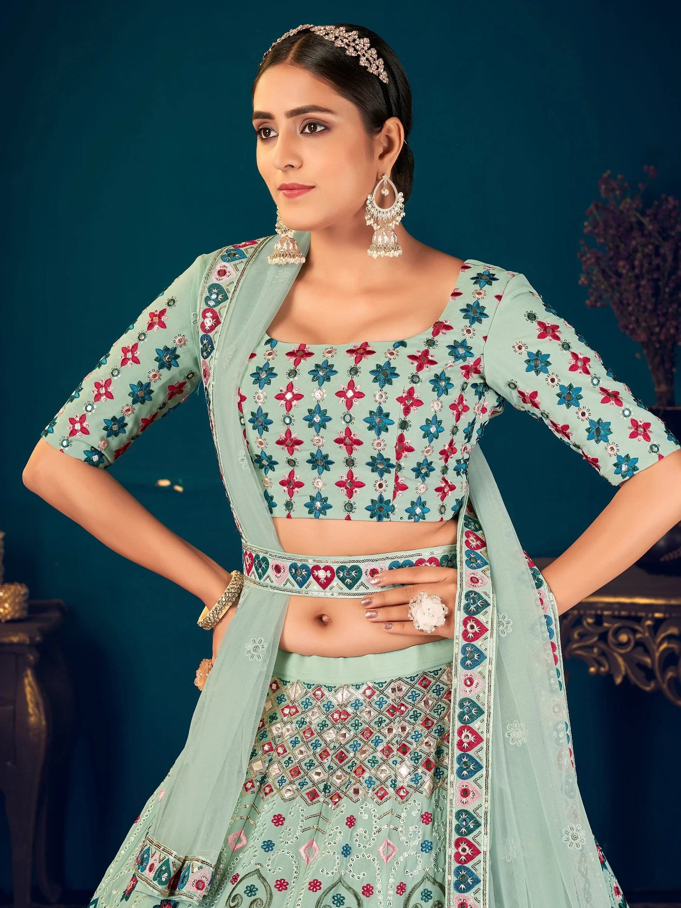 Pista Green Multi Thread Embroidered Georgette Wedding Wear Lehenga Choli