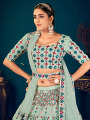 Pista Green Multi Thread Embroidered Georgette Wedding Wear Lehenga Choli