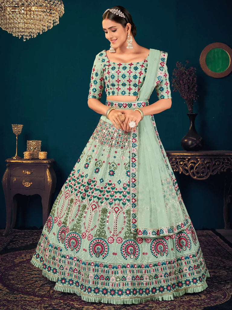 Pista Green Multi Thread Embroidered Georgette Wedding Wear Lehenga Choli