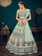 Pista Green Multi Thread Embroidered Georgette Wedding Wear Lehenga Choli