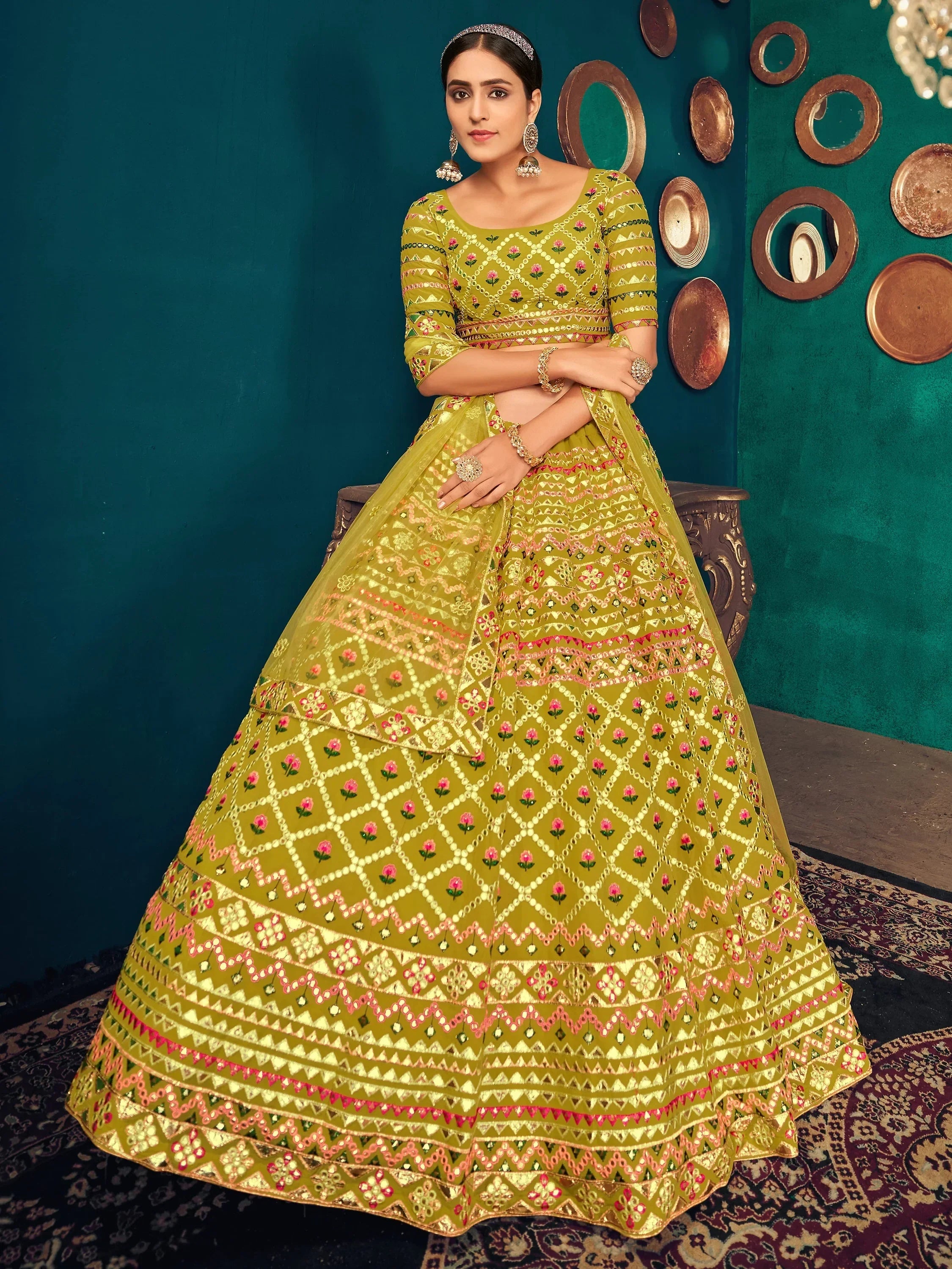 Lime Green Gotta Work Georgette Wedding Lehenga Choli