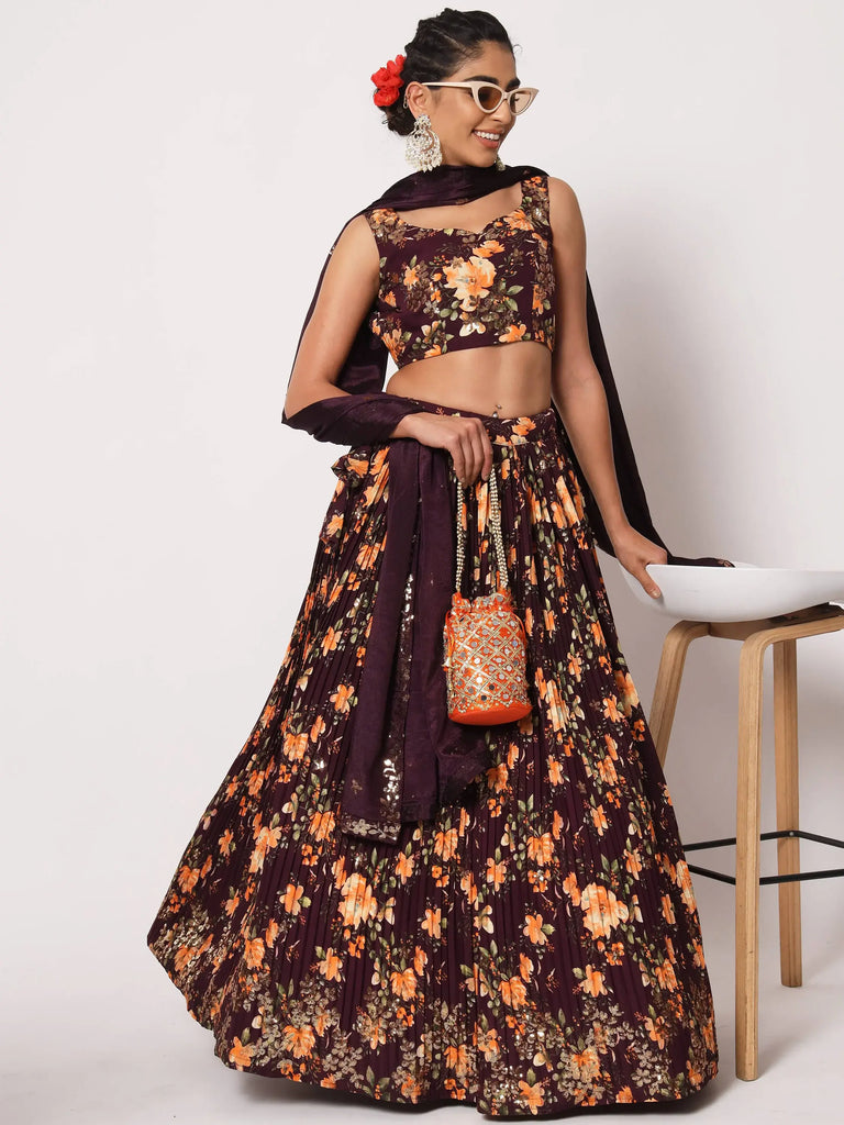 Fabulous Maroon Art Silk Floral Printed Party Lehenga Choli